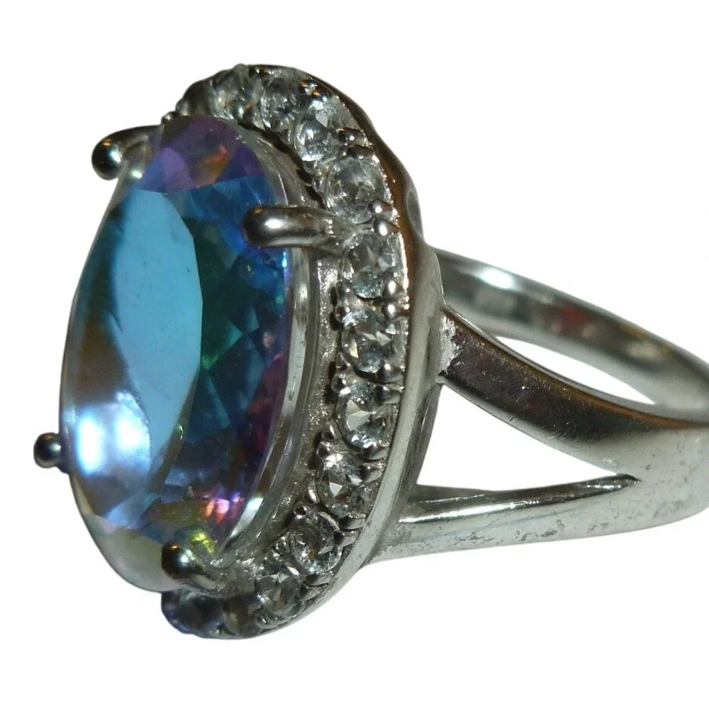 Silver Tone Aurora Borealis Crystal Halo Cocktail Ring Oval Iridescent Size‎ 7